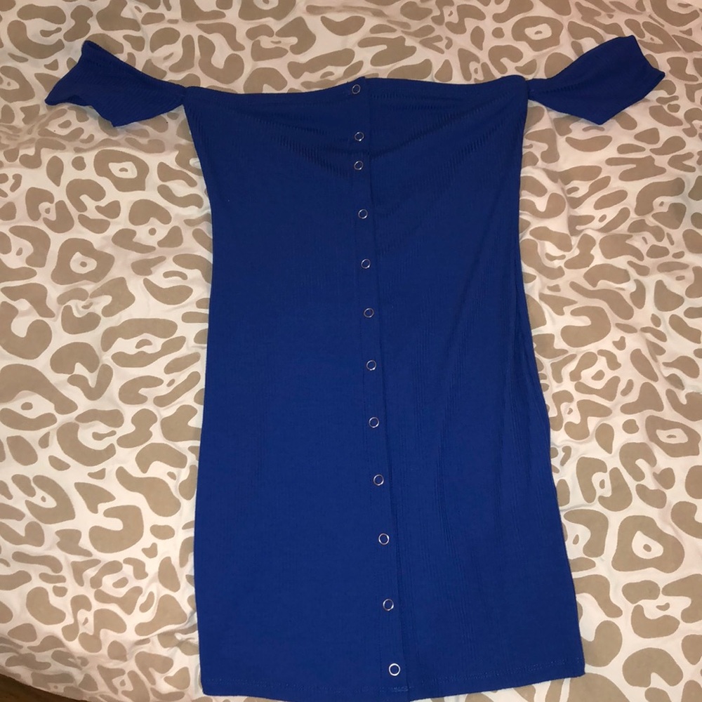 Royal blue button up dress, off the shoulder